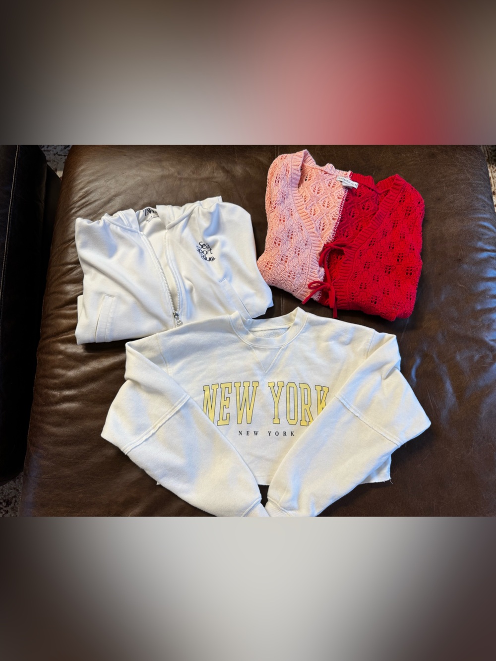 Bundle of Zara Cream/New York Graphic Sweatshirt with Pink and Red Knit Tops